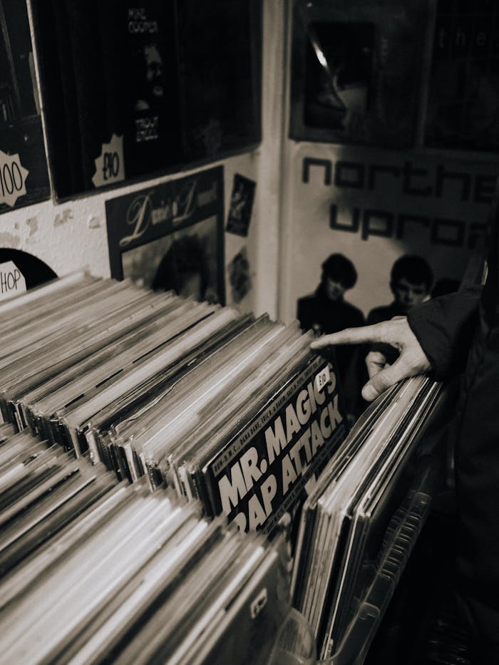 Explore vintage vinyl records in a cozy Abergele shop. Retro vibe.