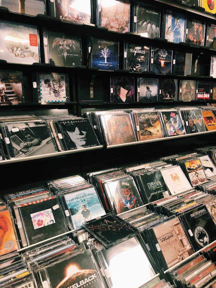 Collection of various audio compact discs placed on stand in modern music store